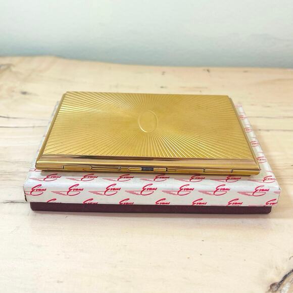 Vintage Evans Compact Cigarette Case Sunburst Art Deco Gold Tone Box - Picture 7 of 9